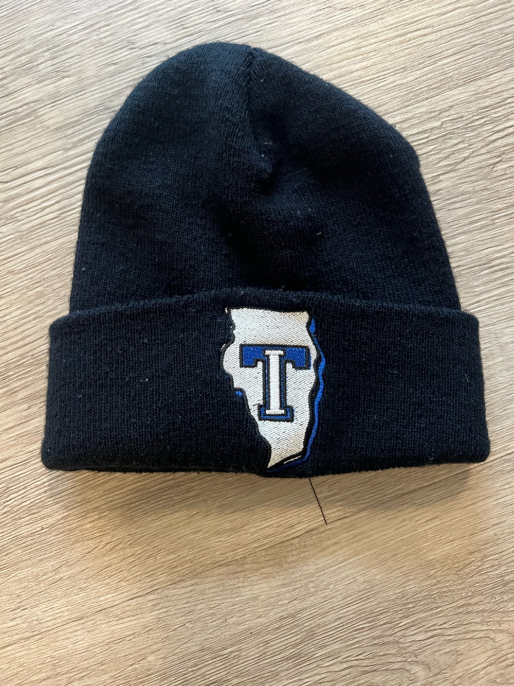 Classic Black Knit Beanie with White and Blue State Patch